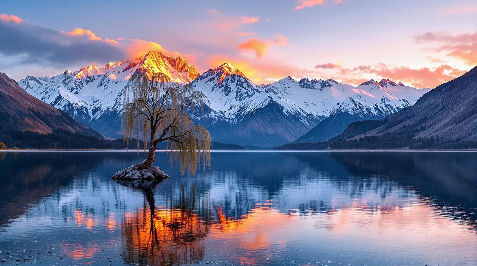 Lake Wanaka Reflection of Southern Alps at Dusk
