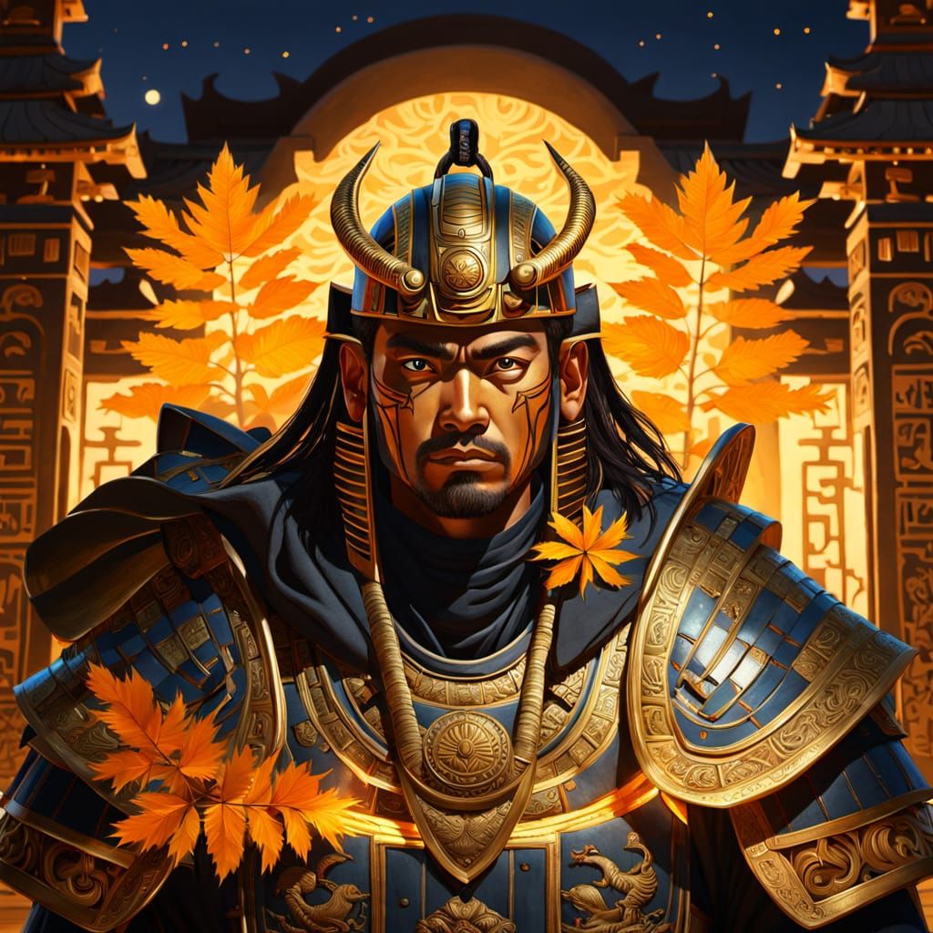 Samurai-Egyptian Warrior in Temple at Night