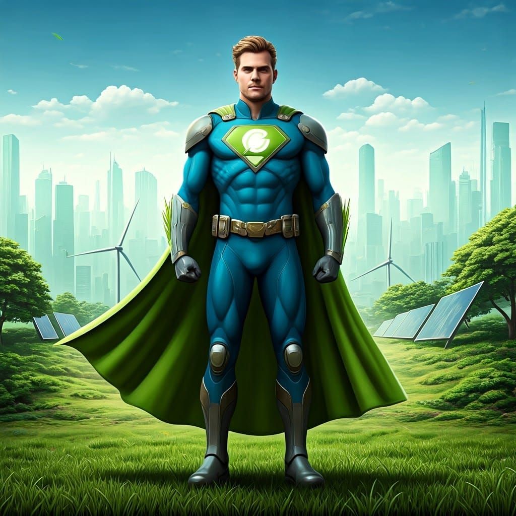 Captain Climate Change in a Thriving Cityscape