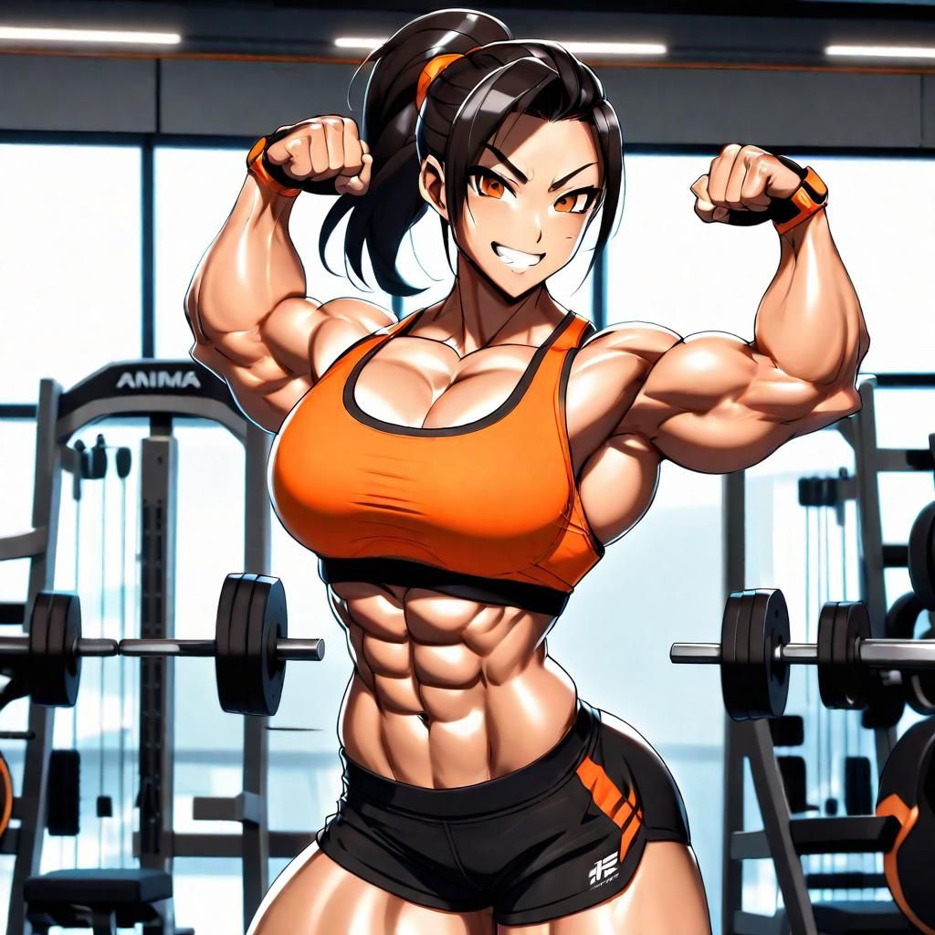 Anime Style Muscular Woman Flexing Biceps