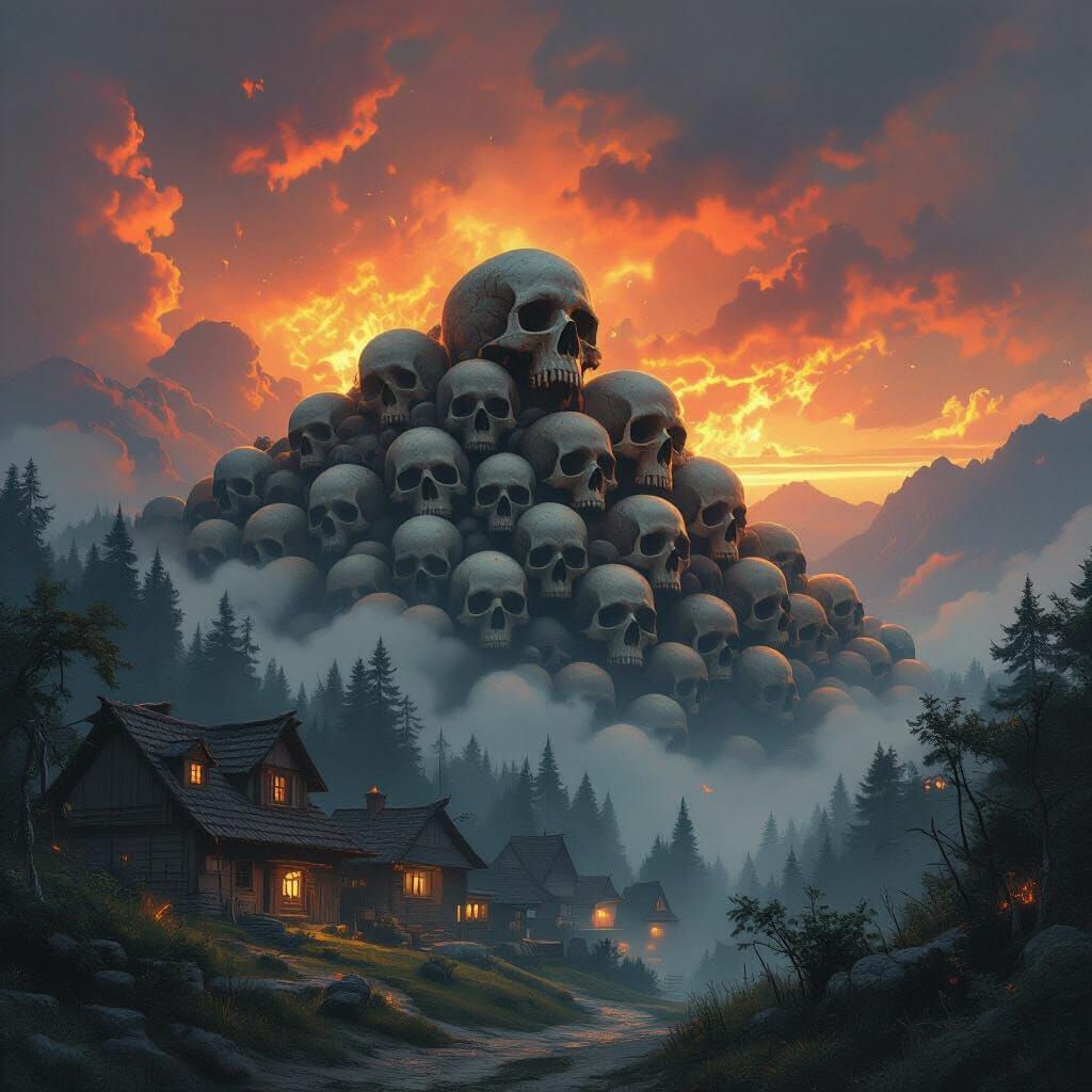 Ominous Skull Mountain Overlooks Fiery Landscape