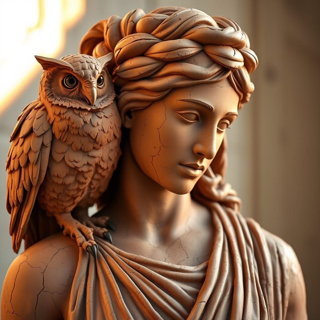 Athena Goddess Statue in Terracotta Clay with Owl