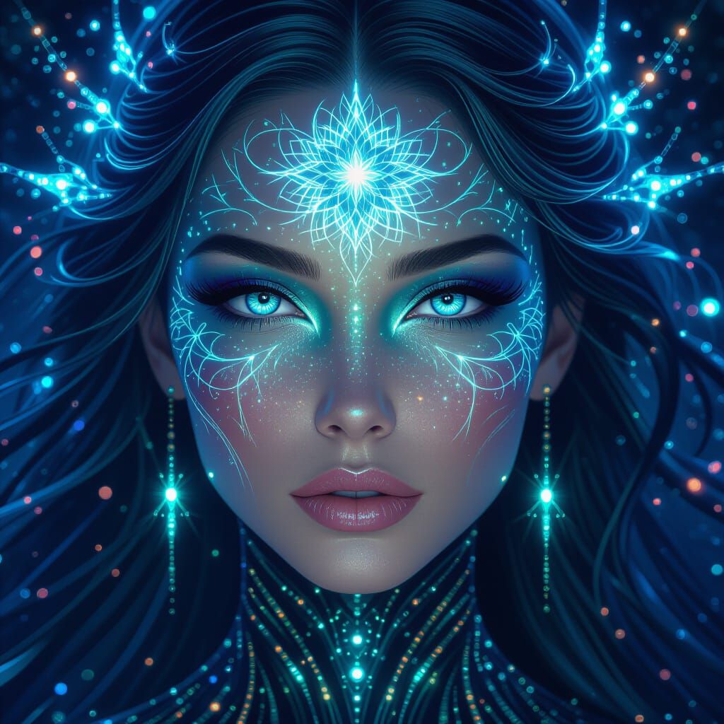 AI Goddess with Fractal Skin and Data Stream Eyes