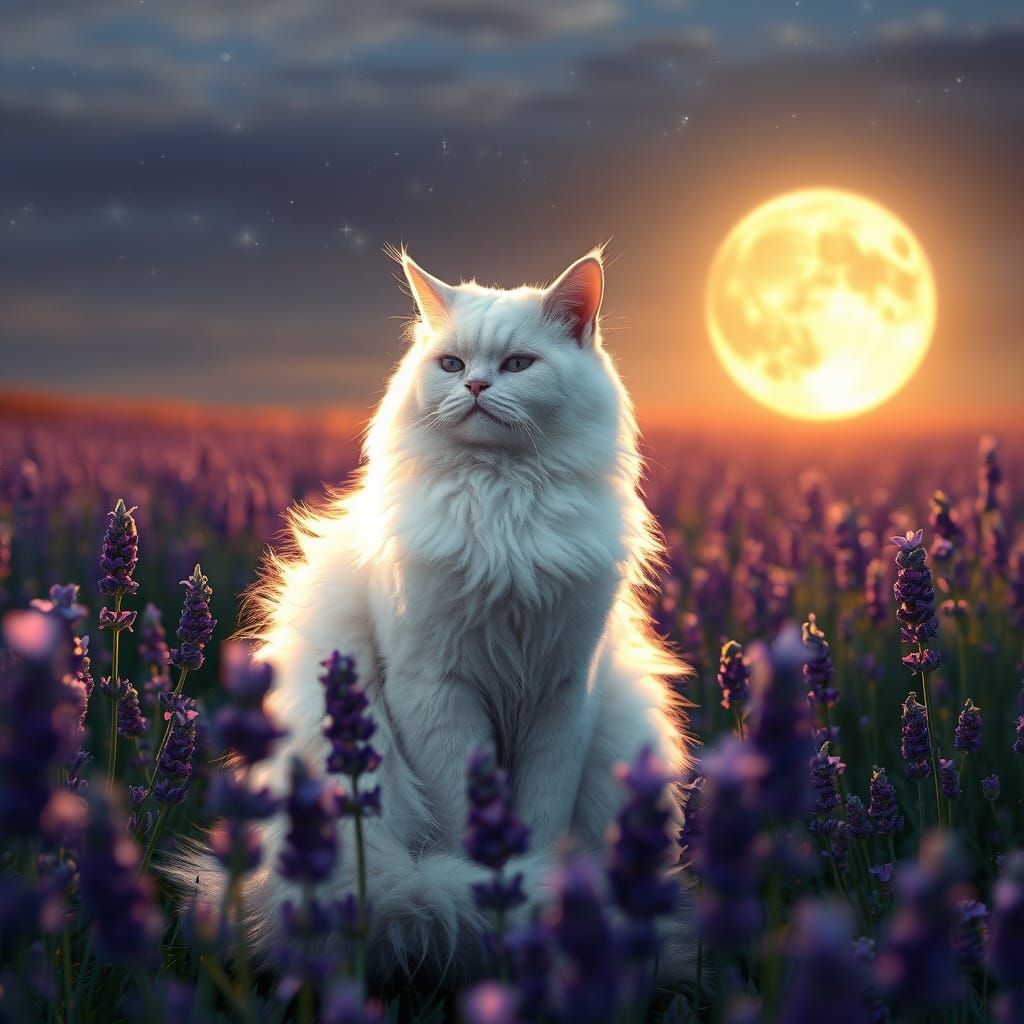 Elegant White Cat in Lavender Field Under Full Moon