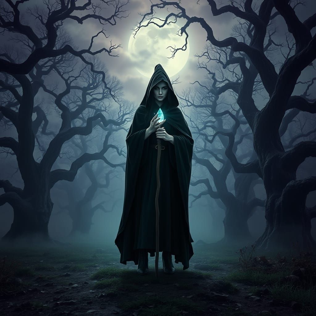 Mysterious Witch in Misty Forest at Twilight