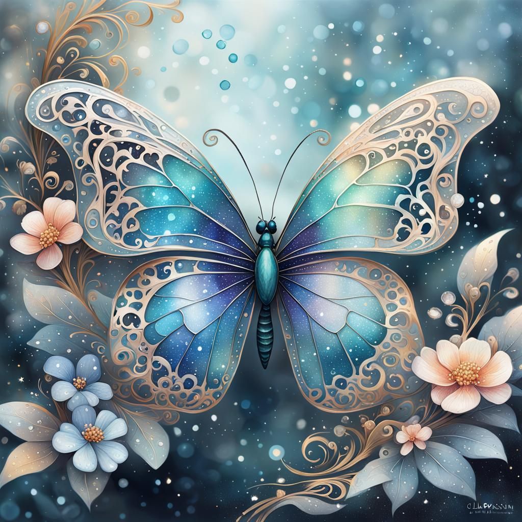 Watercolor Butterfly with Glitter in Children's Book Style