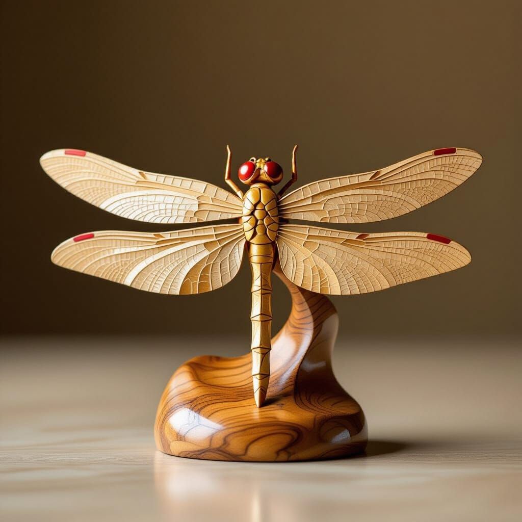 Wooden Dragonfly Sculpture in Playful Style