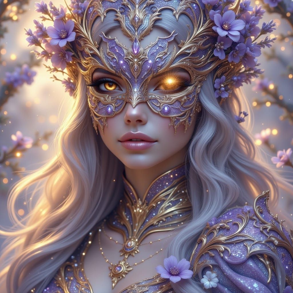 Woman with Ornate Mask and Lavender Dress