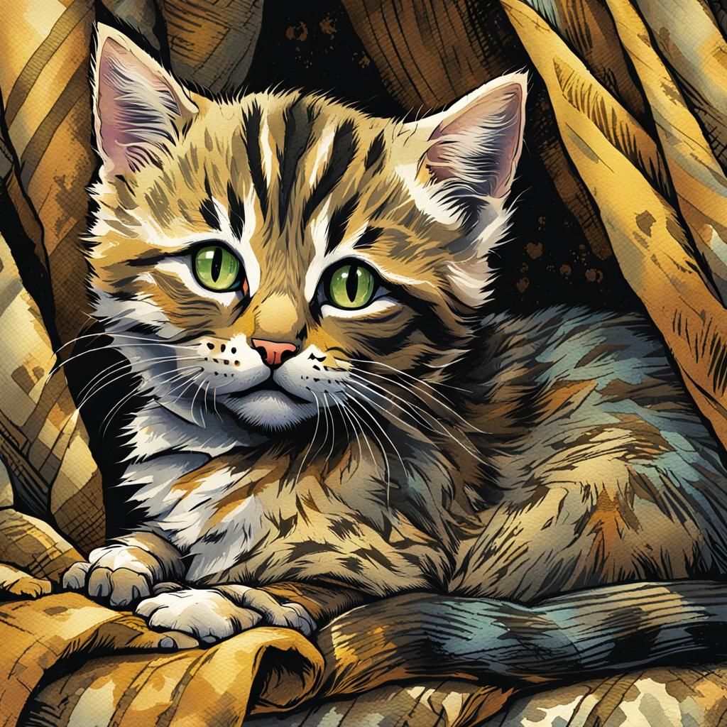 Poignant Tabby Kitten Illustration in Tenniel Style