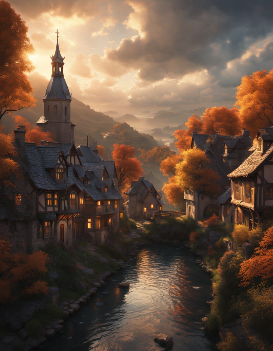 Autumn Village Path in Dramatic Light