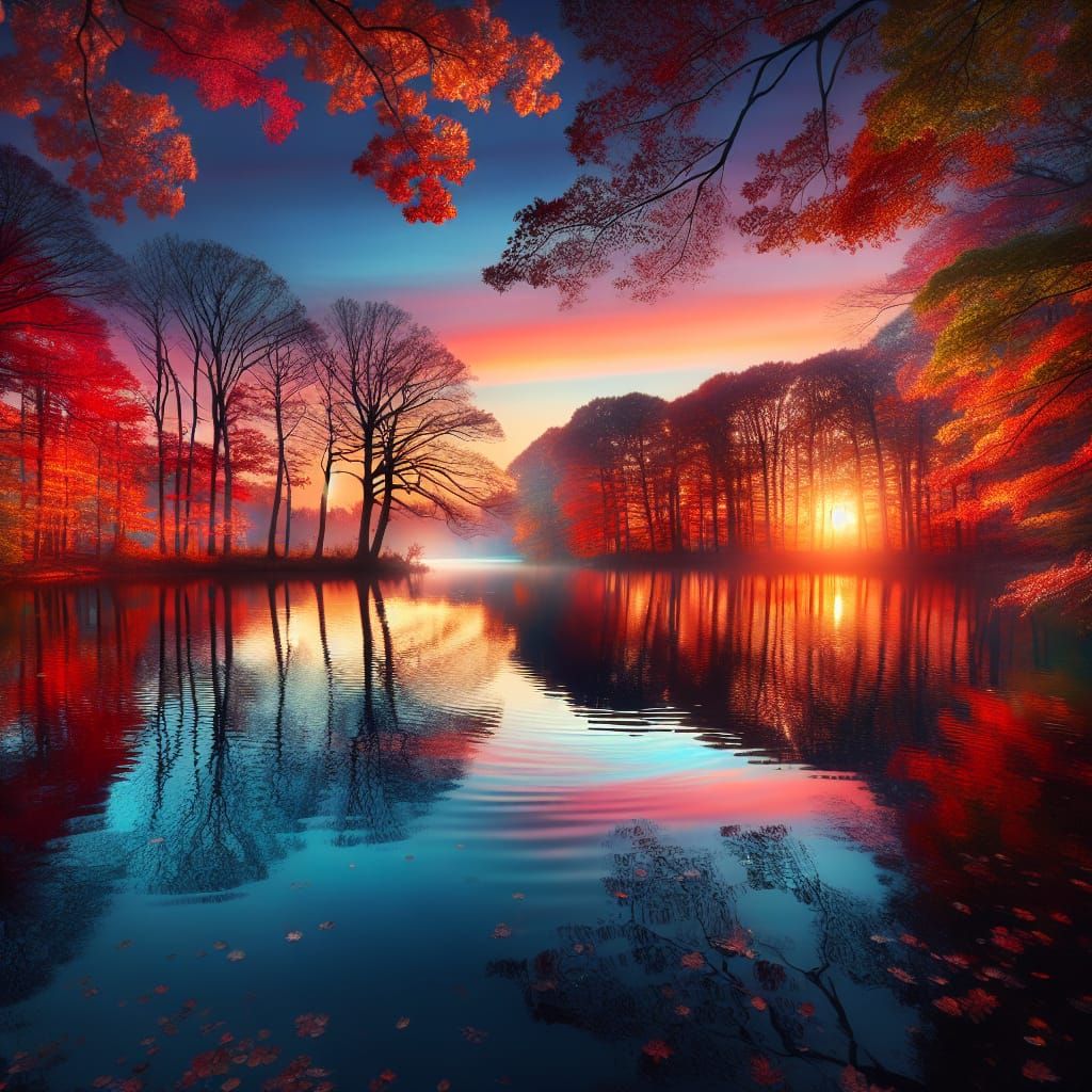 Tranquil Sunset Lake Reflecting Autumn Colors