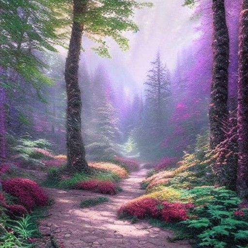 Ethereal Forest Hiking Trail in Thomas Kinkade Style