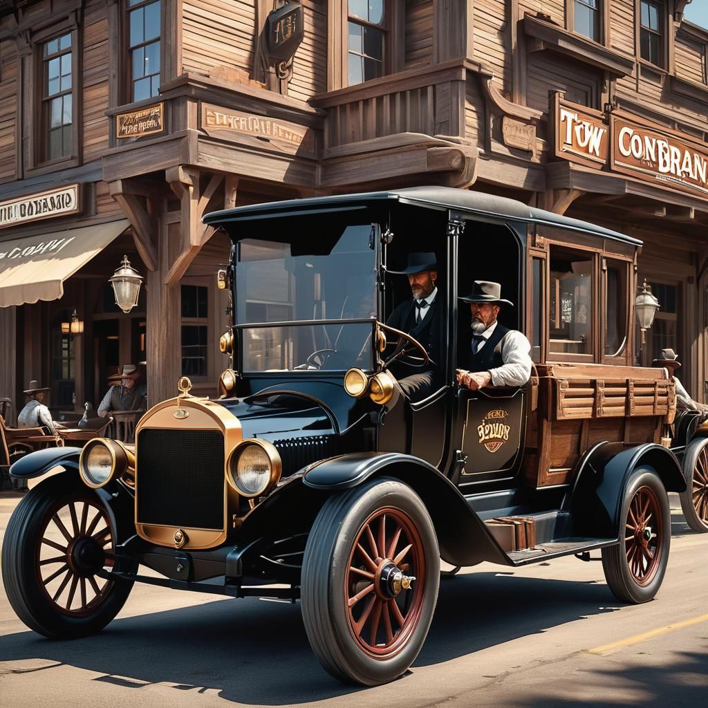 Cowboys Inspecting Model T Pickup at Saloon