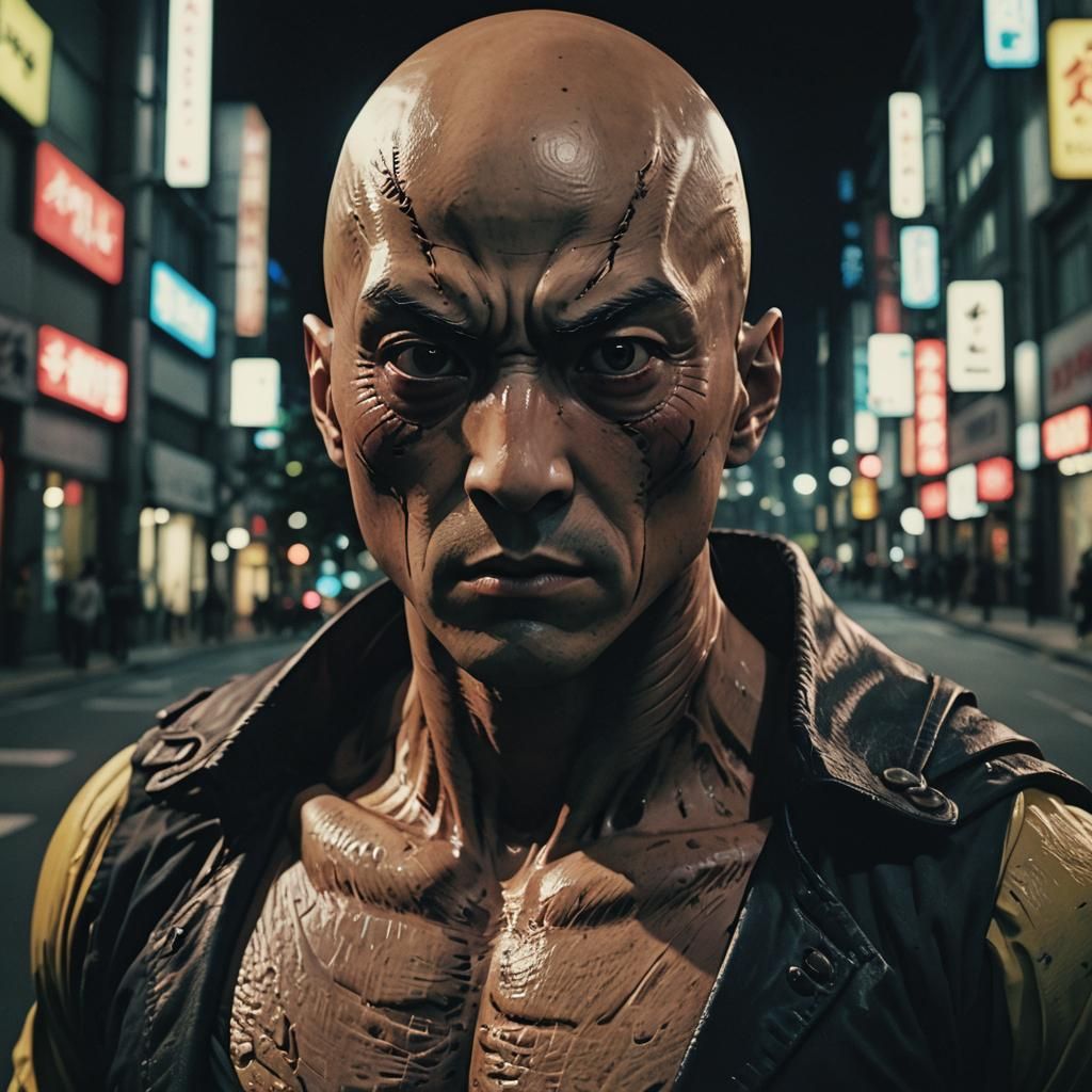 Cinematic Close-Up of Saitama in City Street