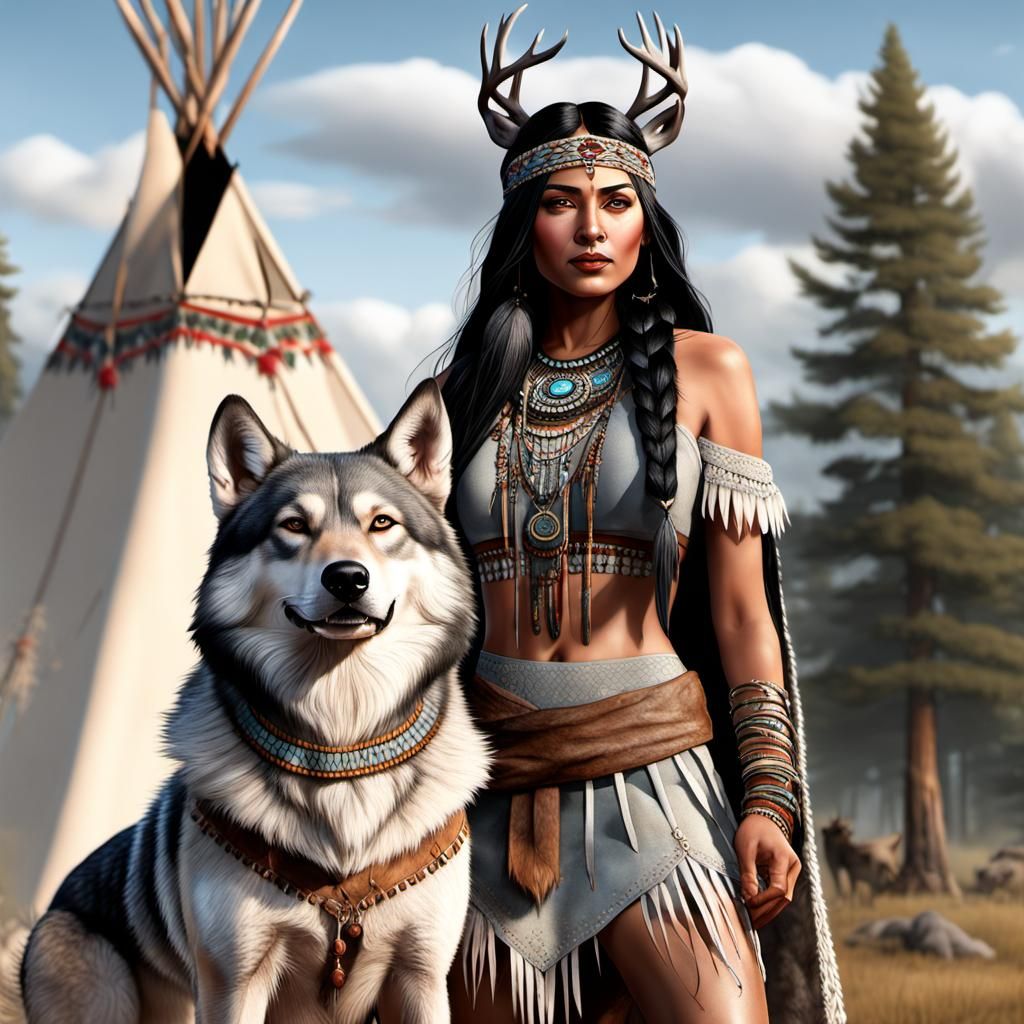 Native American Princess with Wolf in Photorealistic Style