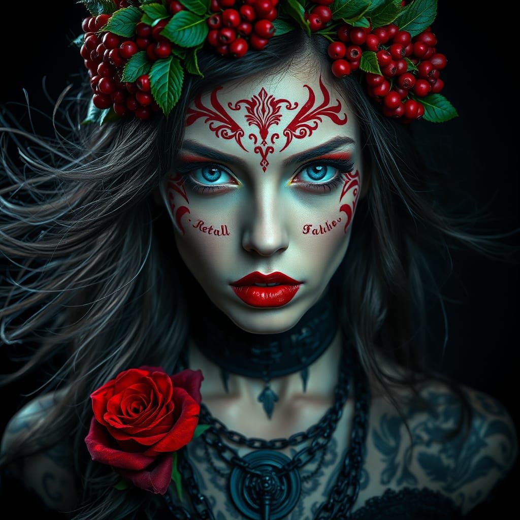 Dark Fantasy Woman with Red Berry Crown