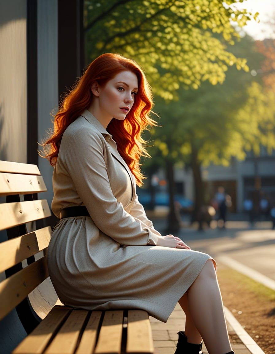 Redhead Woman in Golden Light, Oil Painting Style