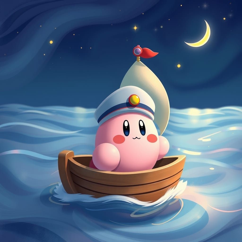 Whimsical Sailor Kirby Glides Across Dreamy, Iridescent Sea
