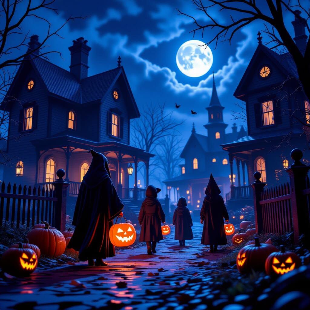 Creepy Halloween Night with Haunted Houses and Ghostly Candy