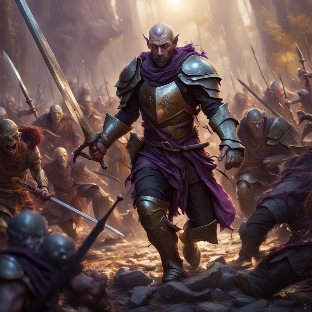 Warrior Battles Goblin Horde in Dark Fantasy Art