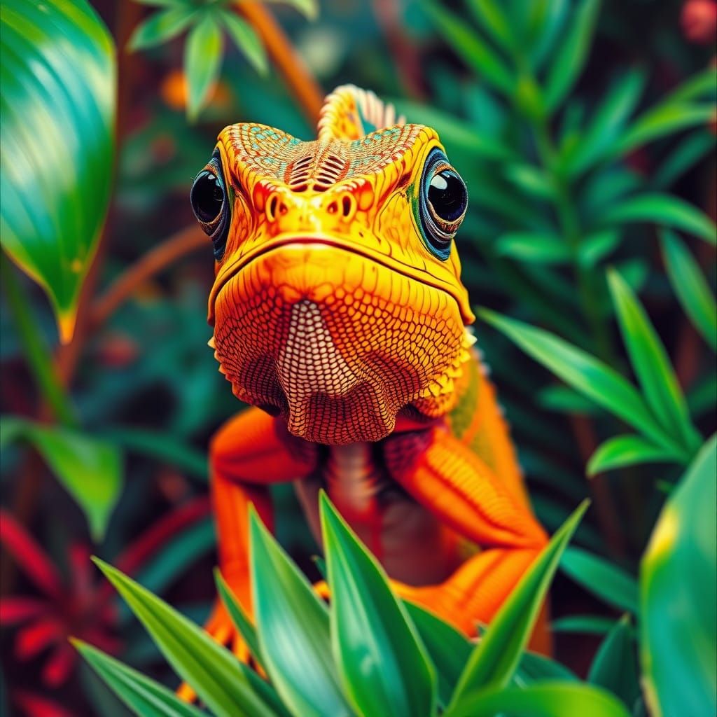 Hyper-Realistic Pop Art Iguana in Tropical Jungle Landscape