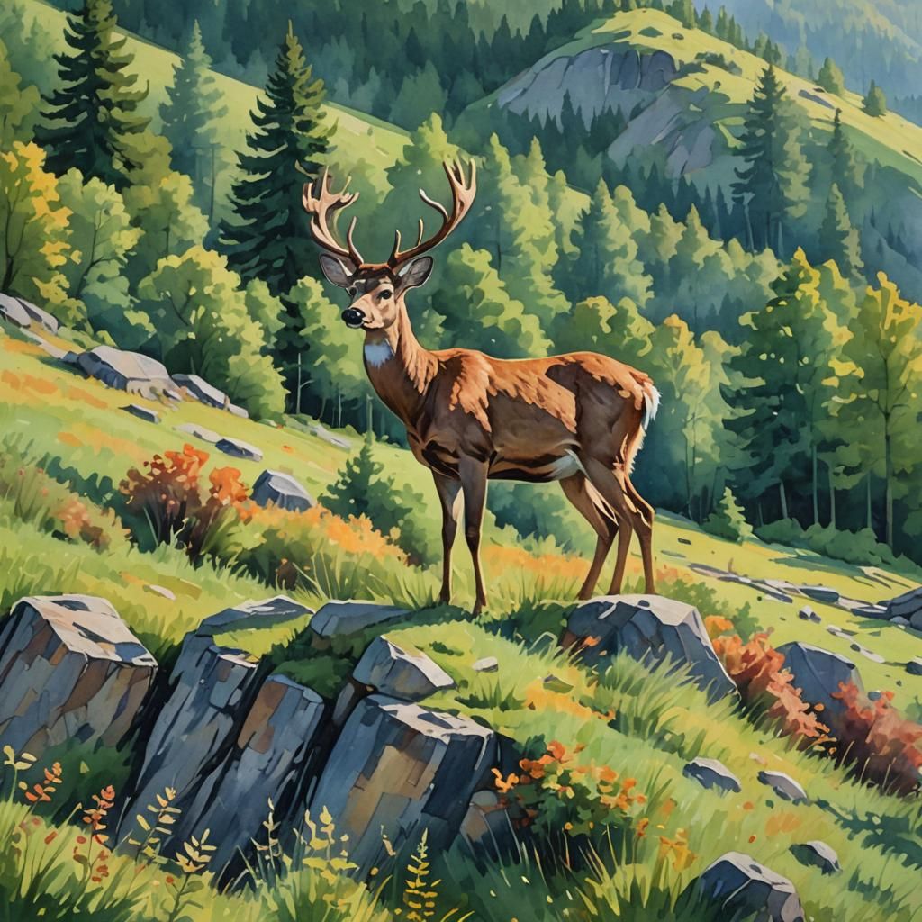 Deer in Forest: Gouache Watercolor Impressionist Painting