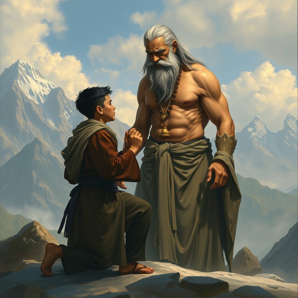 Disciple Seeks Wisdom from Master in Frazetta Style