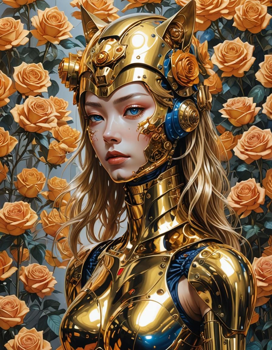 Golden Cyborg Woman with Roses in Sci-Fi Style