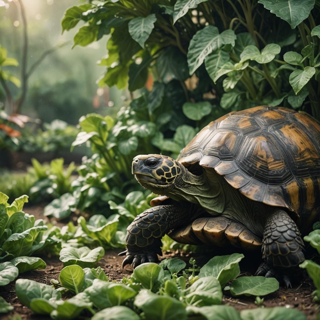 Tortoise's Garden Feast: A Cinematic Film Still