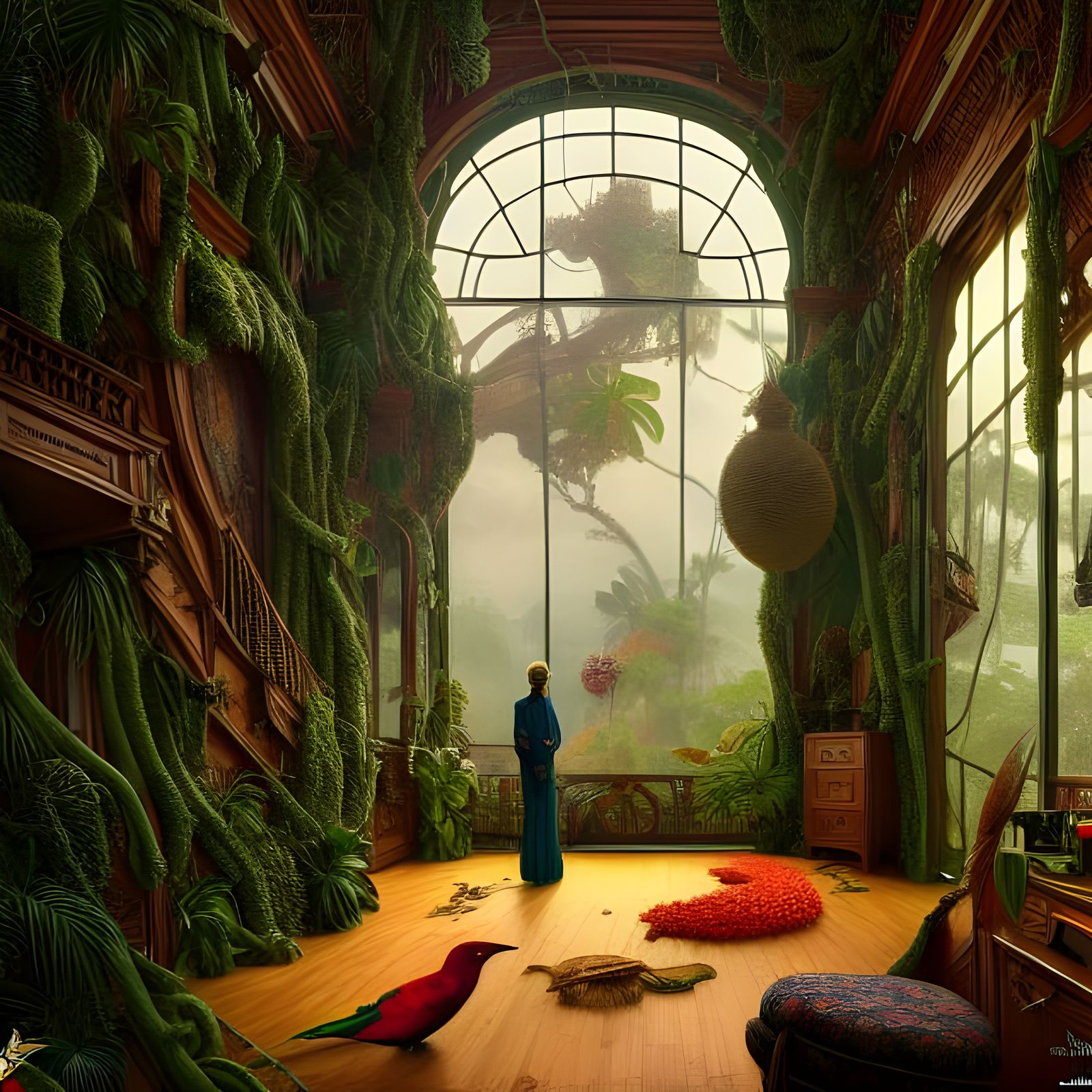 Tropical Bird-Filled Interior, Hyperrealistic Digital Art