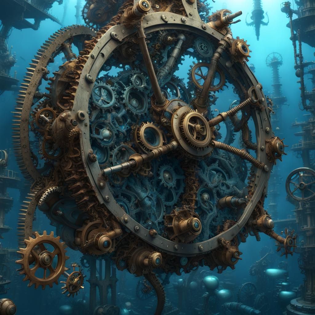 Mechanical Steampunk Ocean with Blue Seahorses