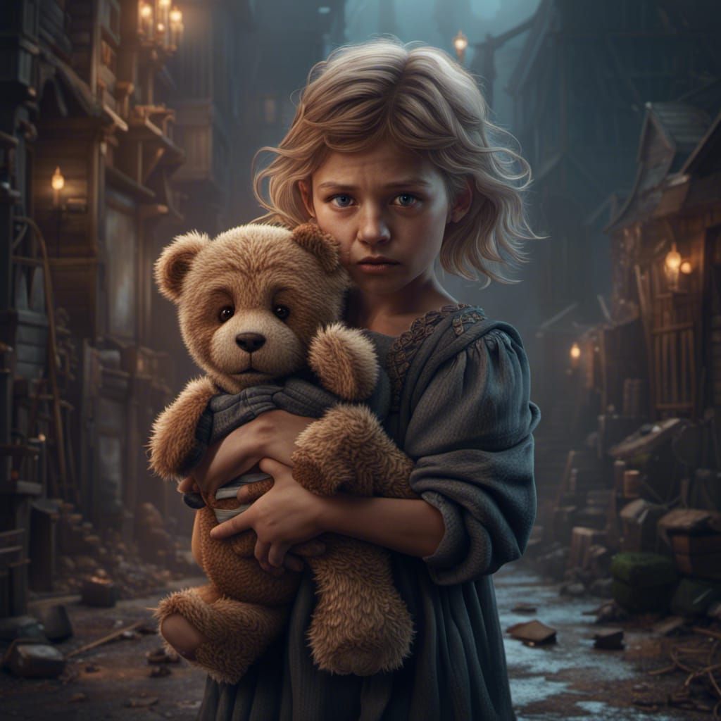 Scared Girl with Teddy Bear: Detailed Matte Painting