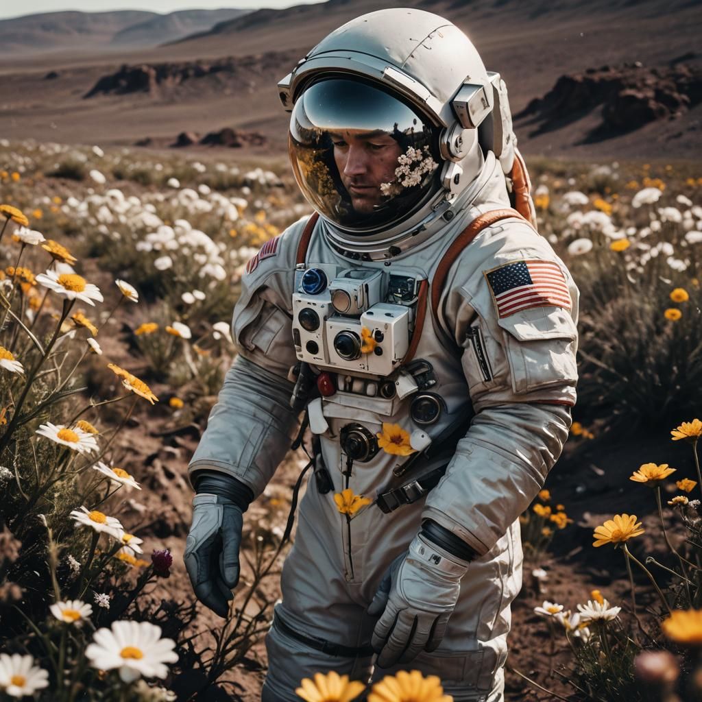 Astronaut Finds Delicate Flowers in Alien Landscape