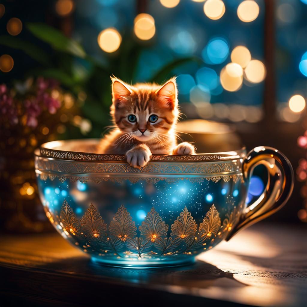 Crystalline Ginger Kitten in Teacup, Macro Photography