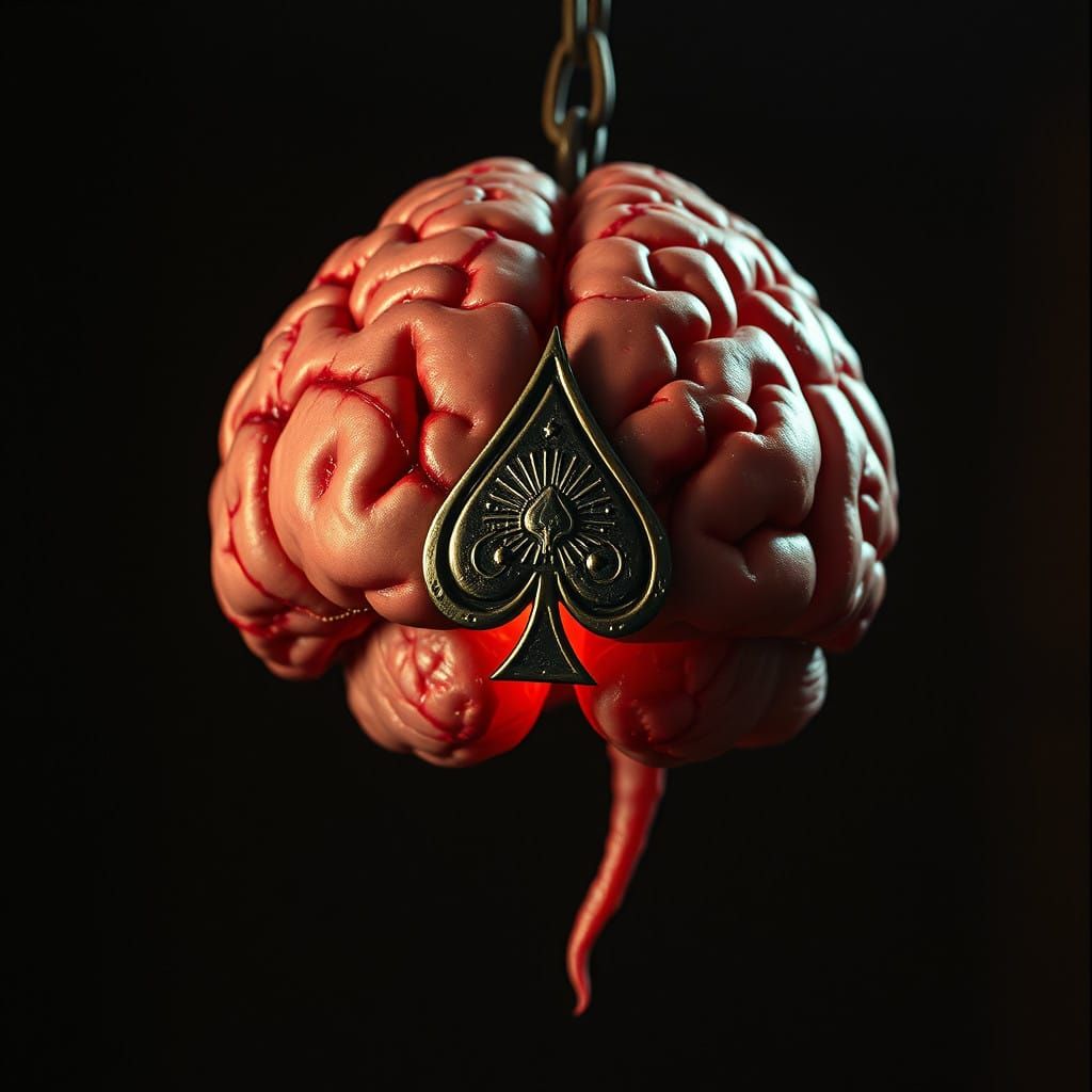 Grotesque Alien Brain with Ace of Spades in Crimson Veins