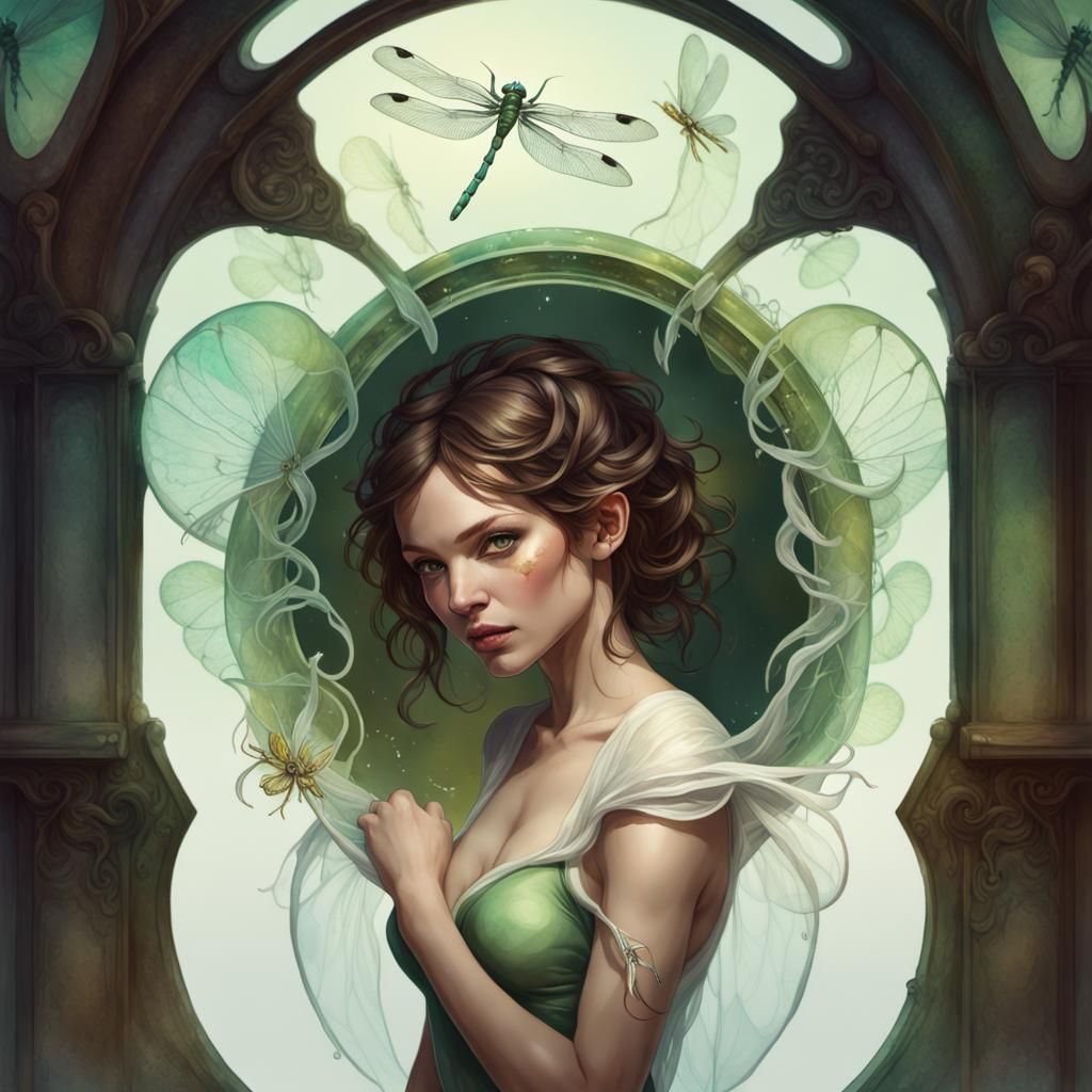 Watercolor Absinthe and Wine with Dragonfly Woman