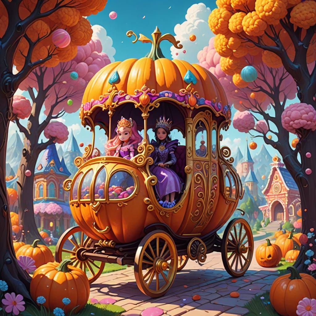 Vibrant Princess in Whimsical Pumpkin Carriage