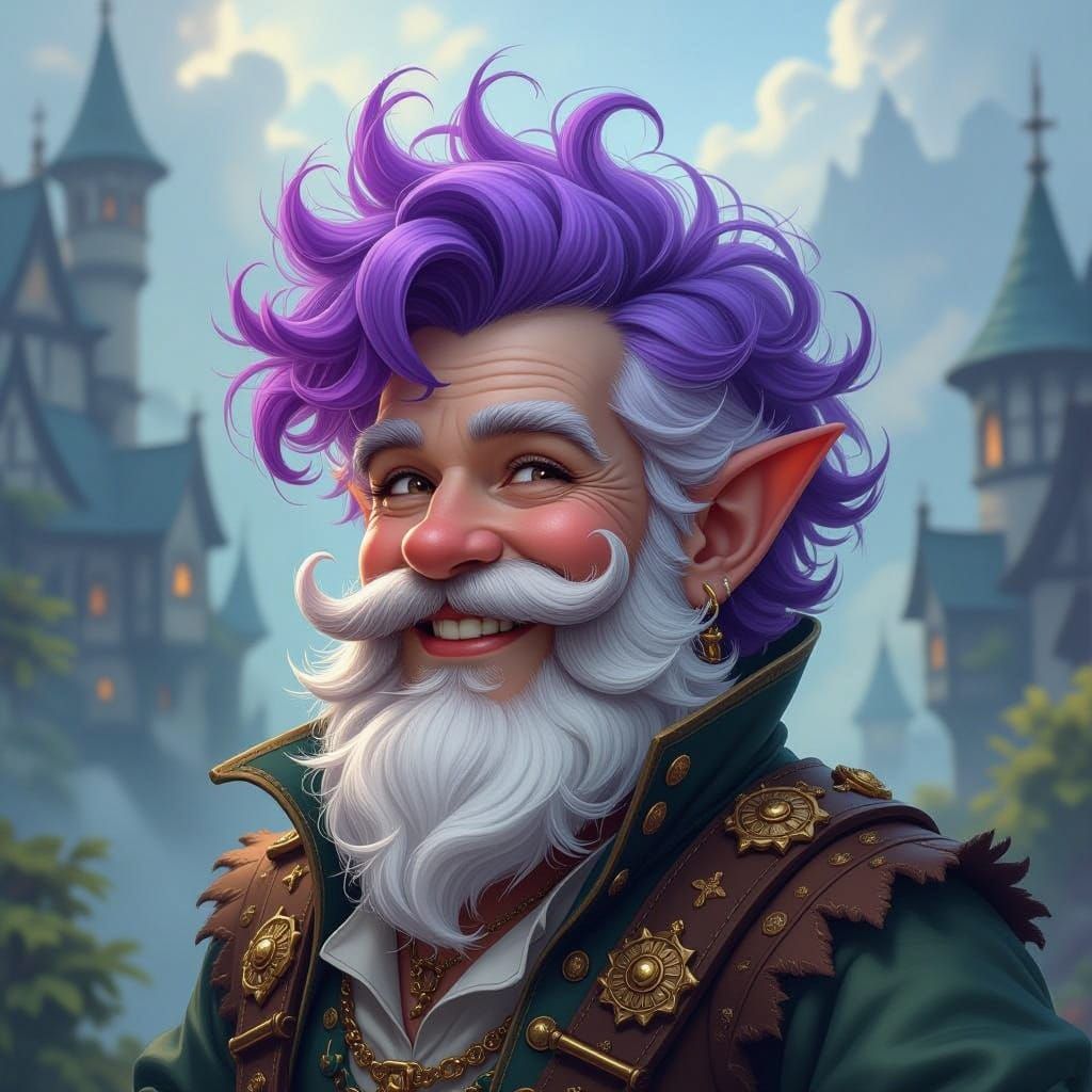 Smiling Gnome with Purple Hair in Fantasy Landscape
