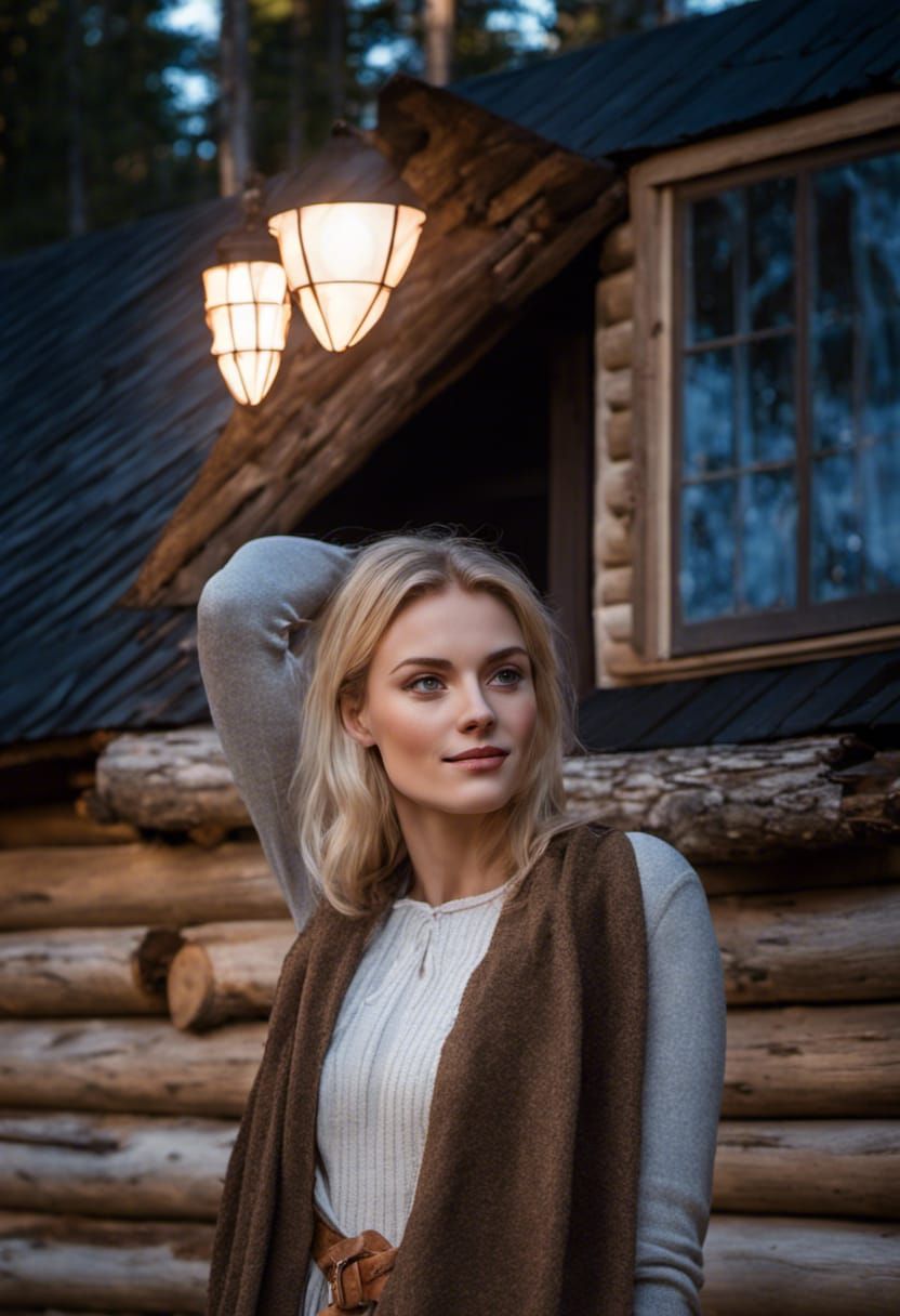 Blonde Woman at Log Cabin at Sunset