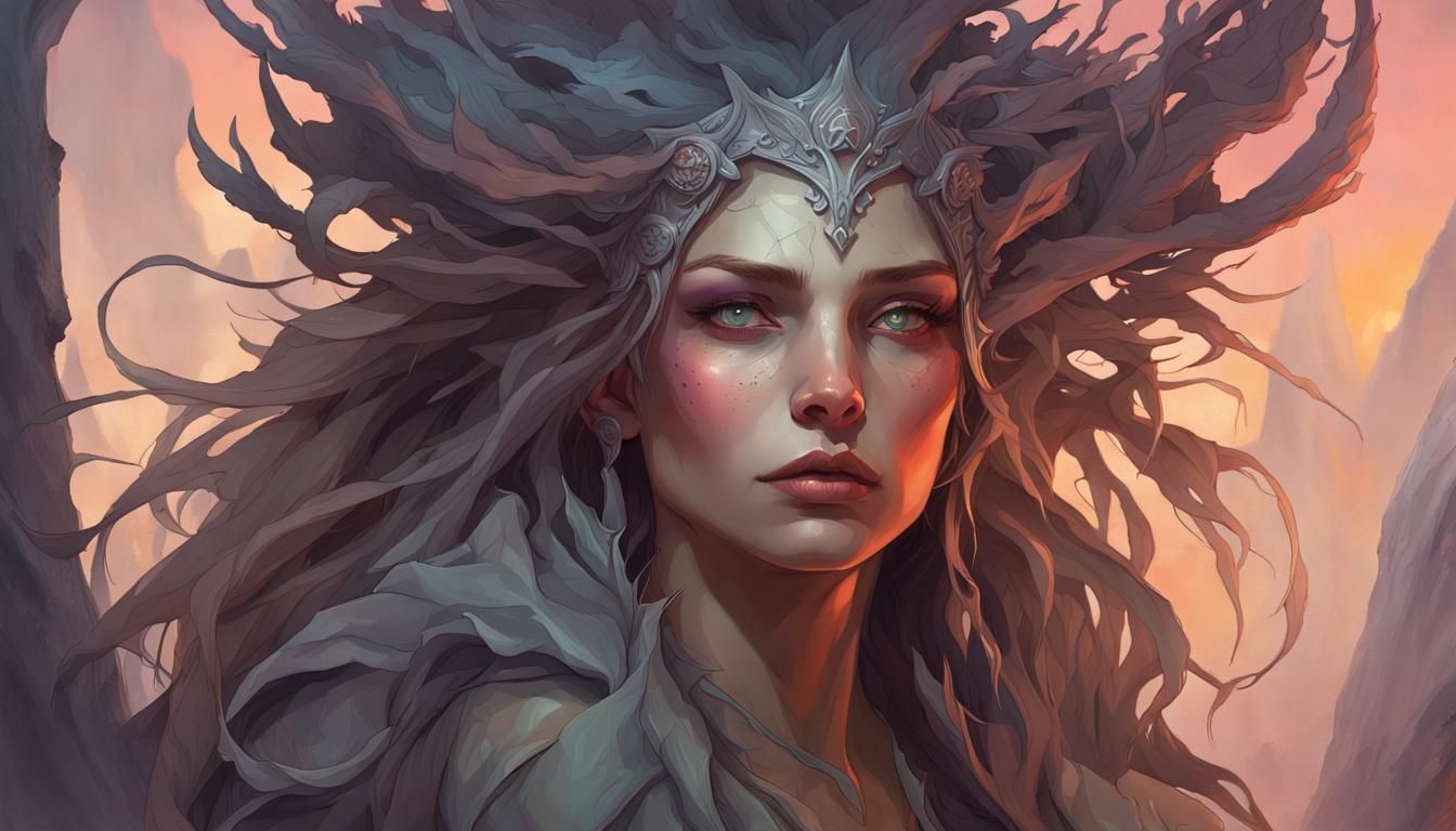 Cave Witch Portrait in Hyperdetailed Art Nouveau Style