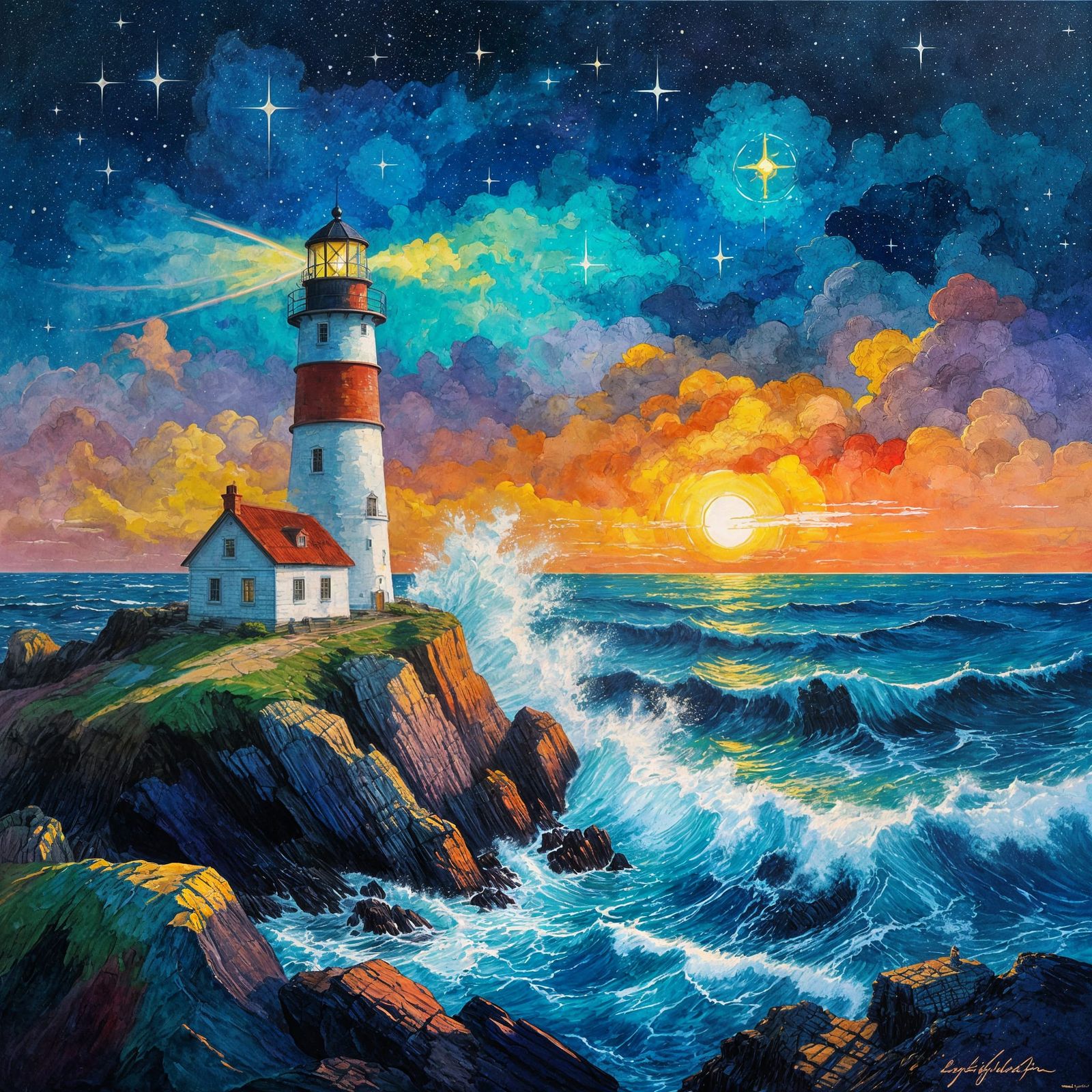 Rainbow Lighthouse on Rocky Coast: Impressionist Gouache Pai...