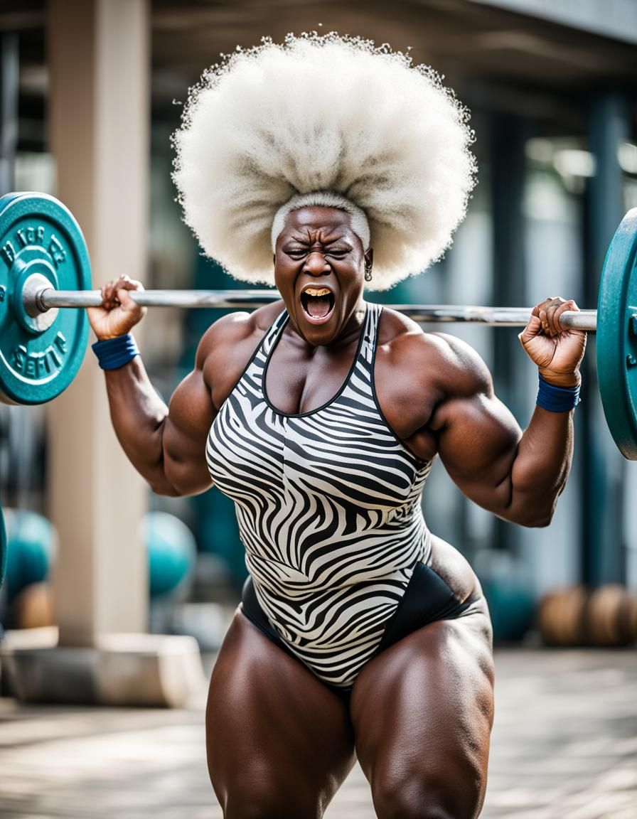 Strong Plus Size African Beauty Lifting Weights in a Zebra S...