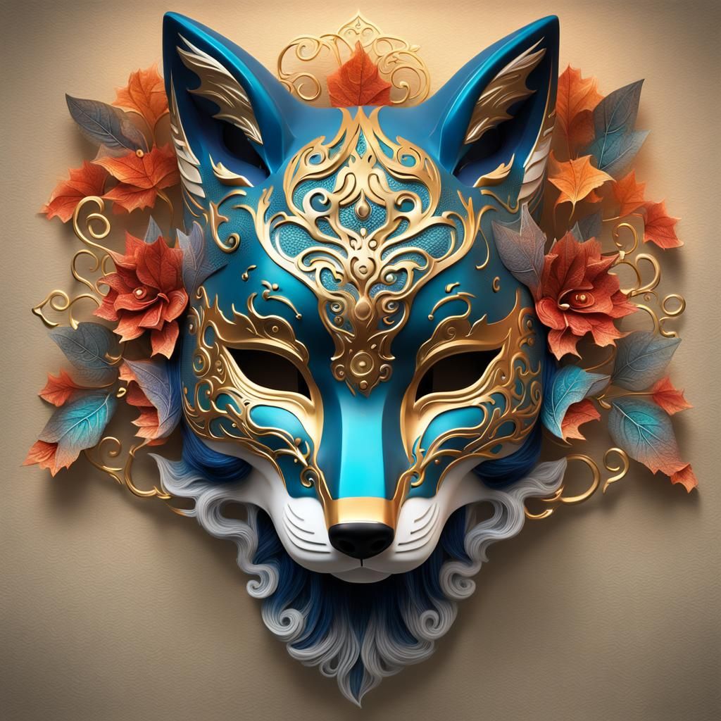 Blue/Gold/White Kitsune Mask