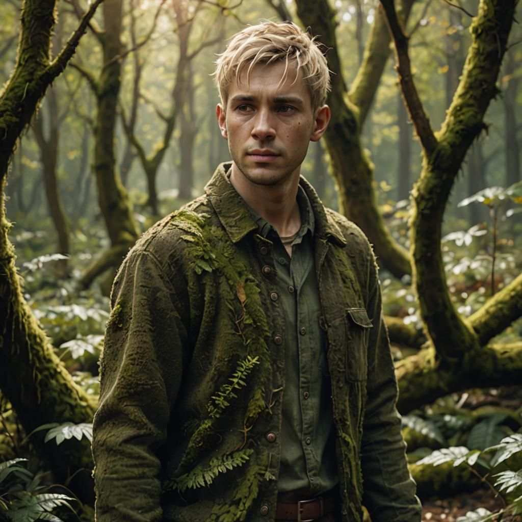 a short man wiry frame with short cropped  blond hair with brown eyes. He wears a mixture of dark greens and browns so h...