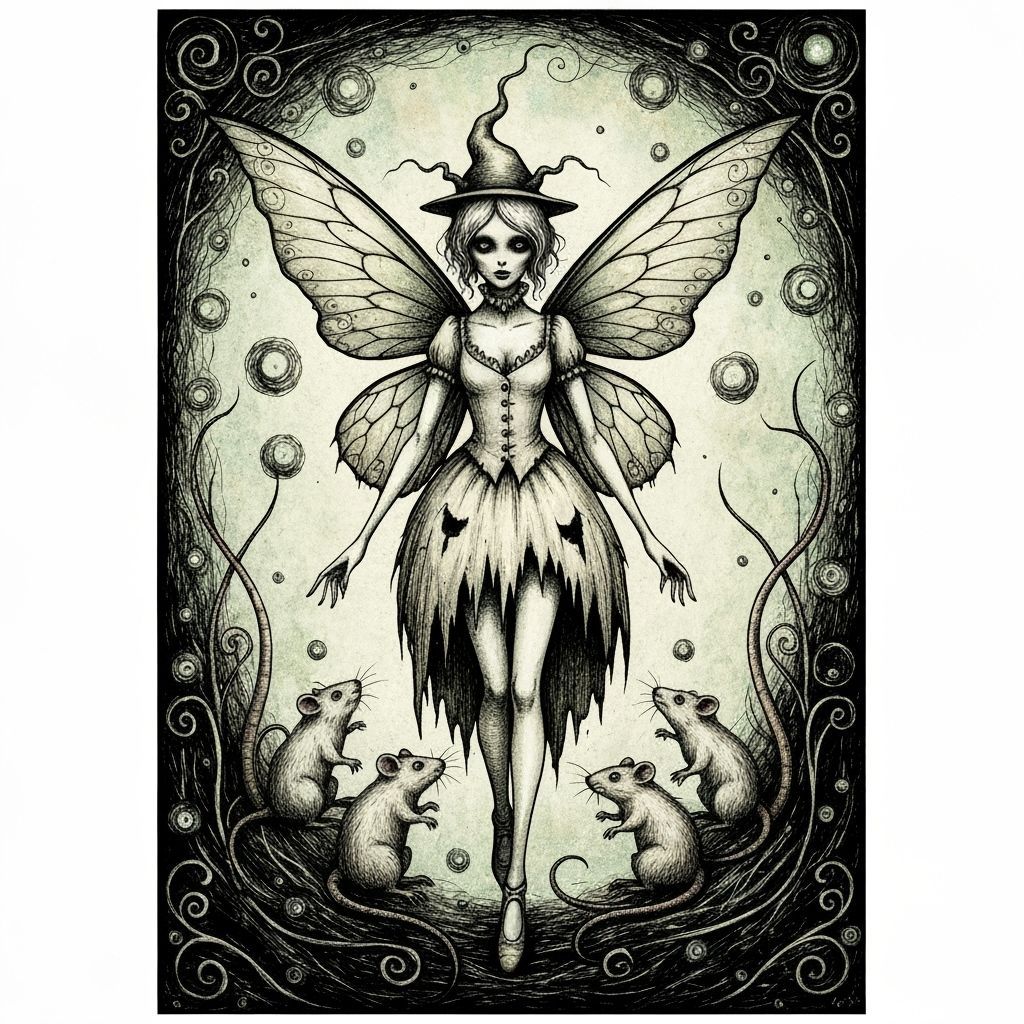 Victorian Fairy with Rodents in Gorey-esque Style
