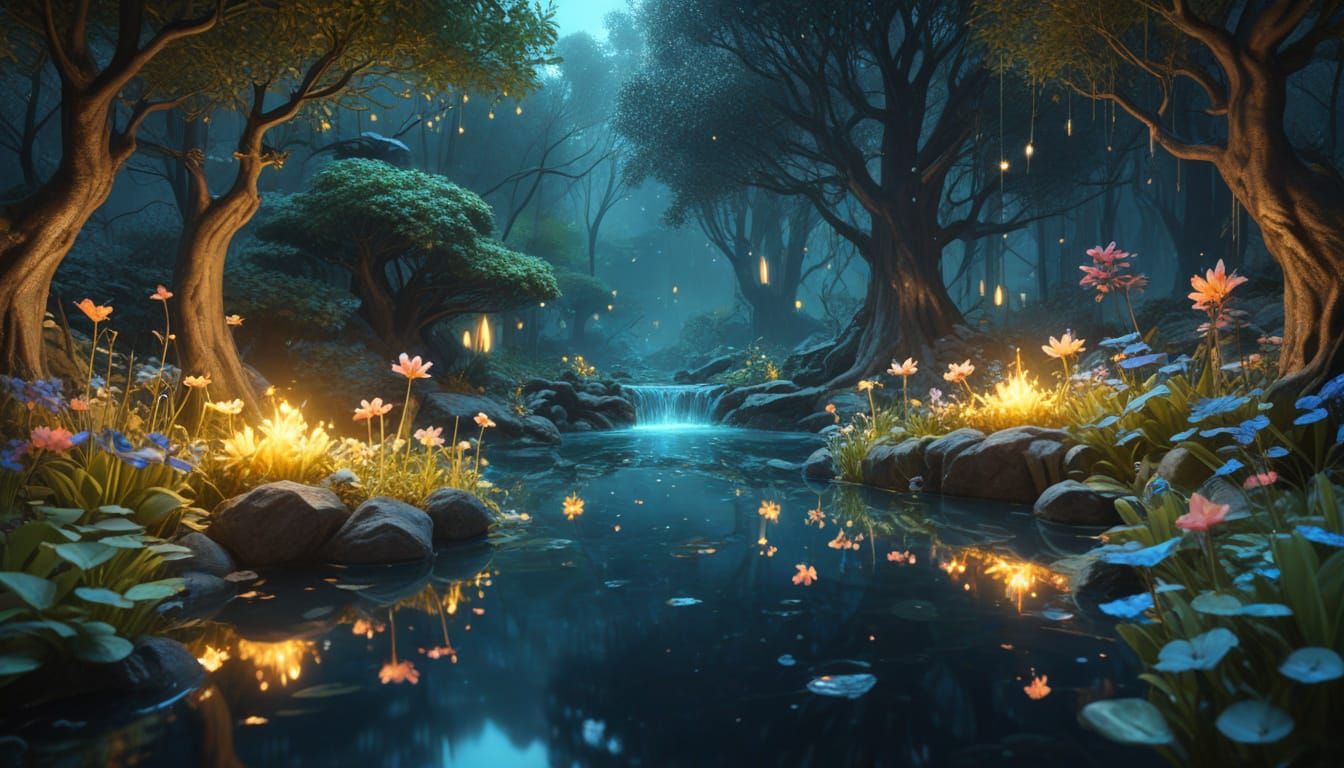 Enchanted Secret Garden with Glowing Fountains and Mythical ...