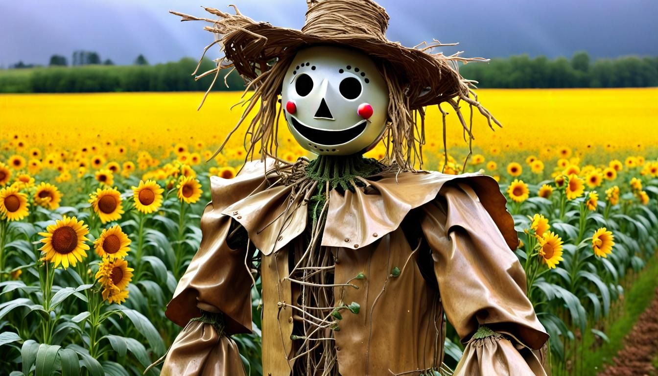Friendly Cybernetic Scarecrow in Bucolic Scene