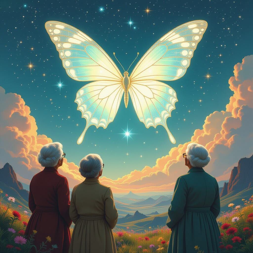 Great-Grandmothers Admire Crystalline Butterfly in Starry Sk...