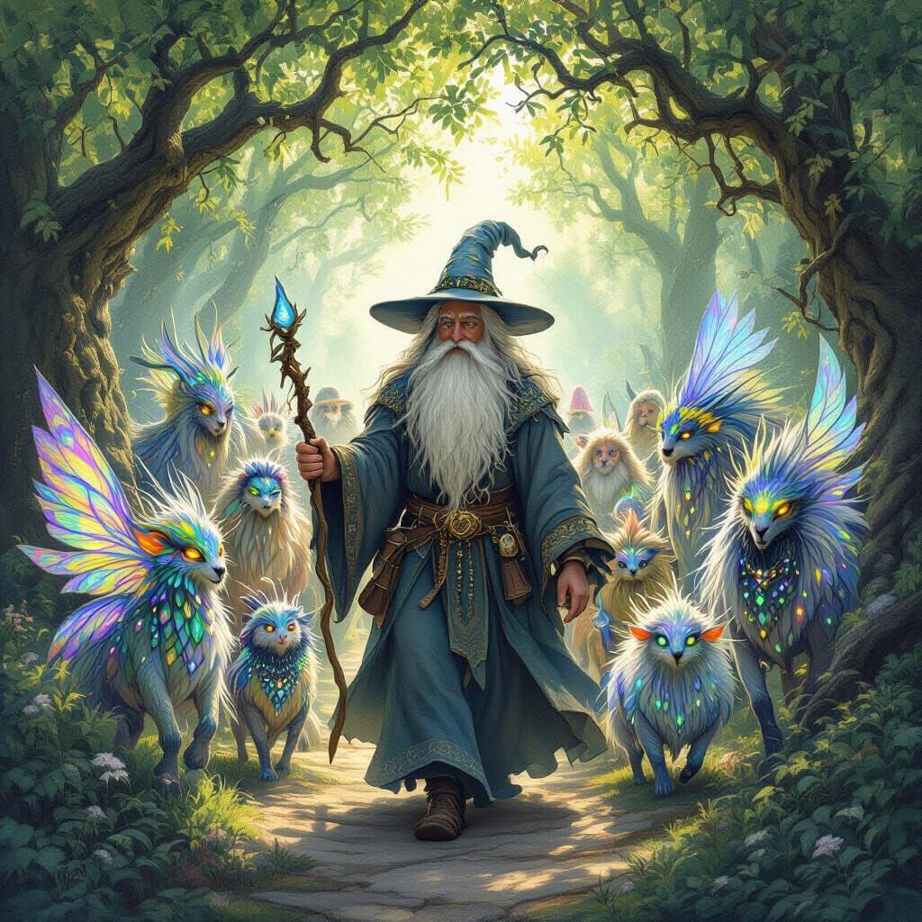 Wizard Leads Magical Creatures Through Grove