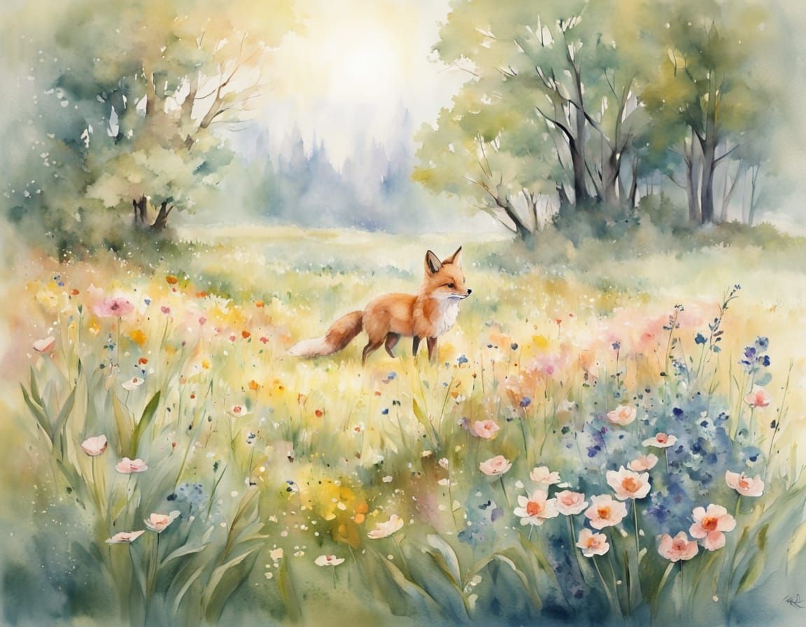 Whimsical Watercolor Scene of Darwin's Fox in a Springtime M...
